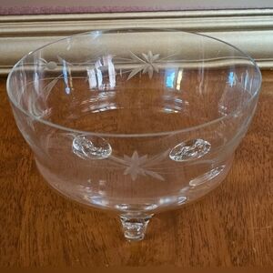 Vintage Footed 3 Legs Glass Serving Bowl 5.75” Etched Flowers